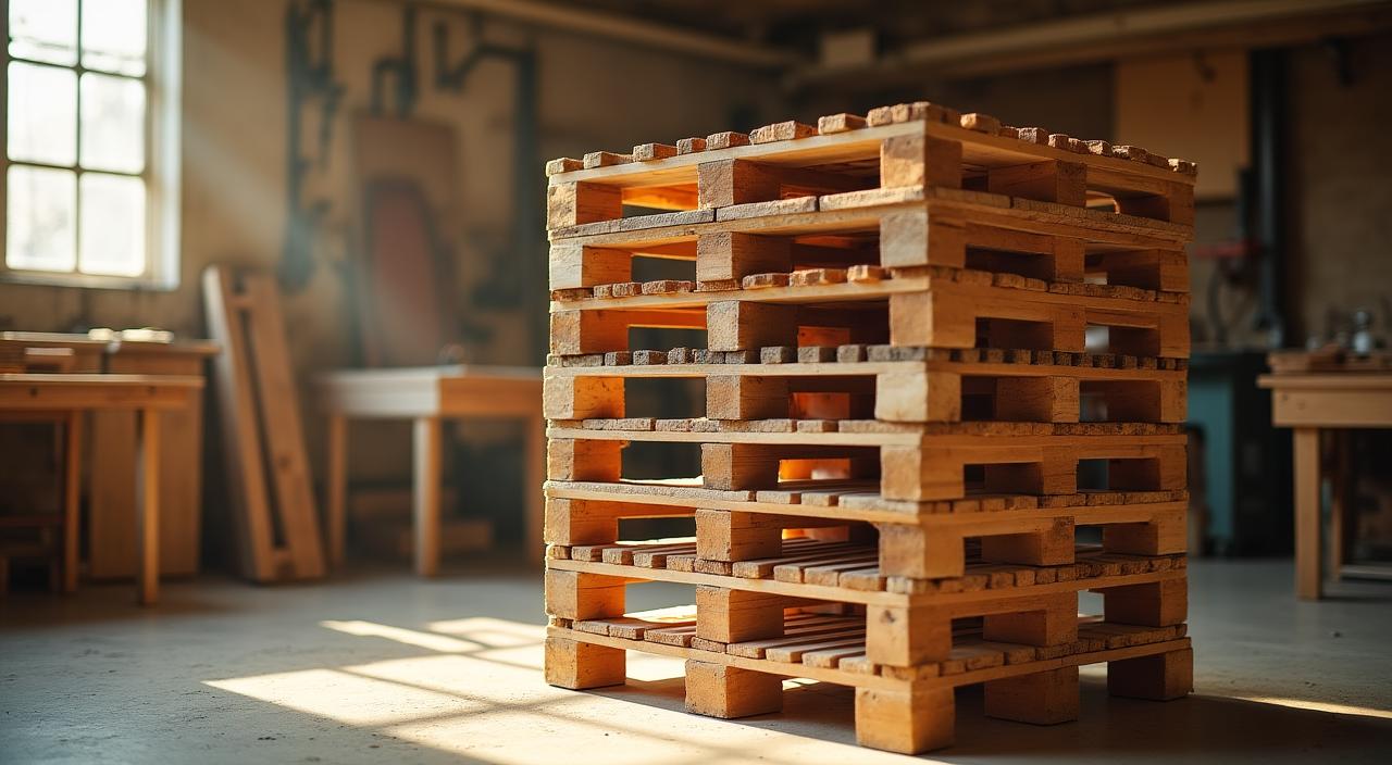 Bancali di legno pronti per il riciclo creativo in un laboratorio luminoso