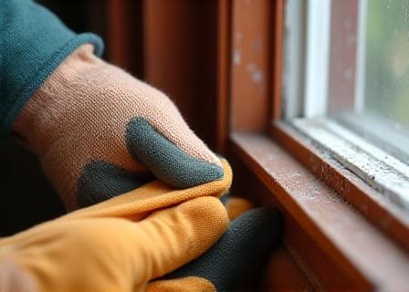Dettaglio di un infisso in legno dove viene applicata una guarnizione isolante